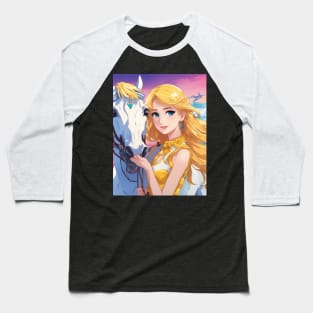 Blonde Anime Girl with White Horse Baseball T-Shirt